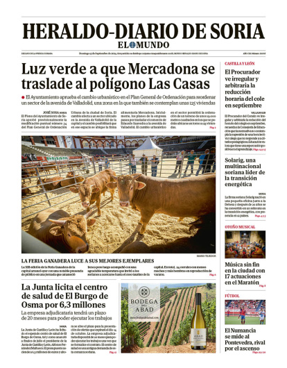 Portada de Heraldo-Diario de Soria de 15 de septiembre de 2024.