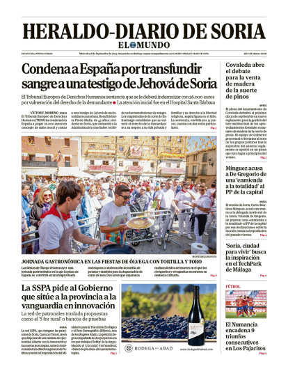 Portada de Heraldo Diario de Soria del 18 de septiembre de 2024