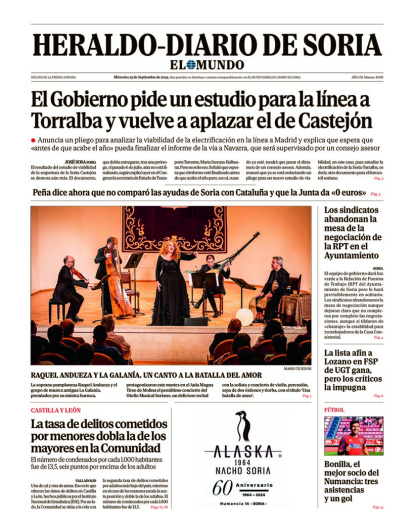 Portada de Heraldo Diario de Soria del 25 de septiembre de 2024.