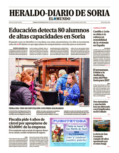 Portada de Heraldo Diario de Soria del 10 de noviembre de 2024.