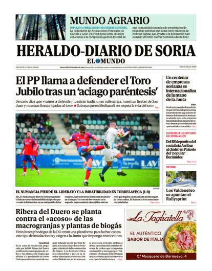 Portada de Heraldo Diario de Soria del 18 de noviembre de 2024