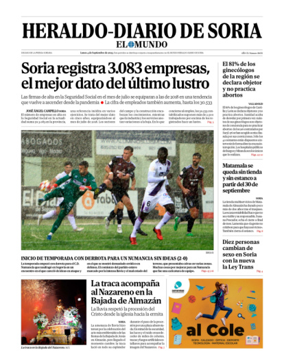 Portada de Heraldo-Diario de Soria del 4 de septiembre de 2023.