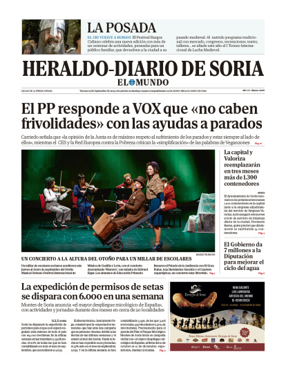 Portada de Heraldo-Diario de Soria del 29 de septiembre de 2023.