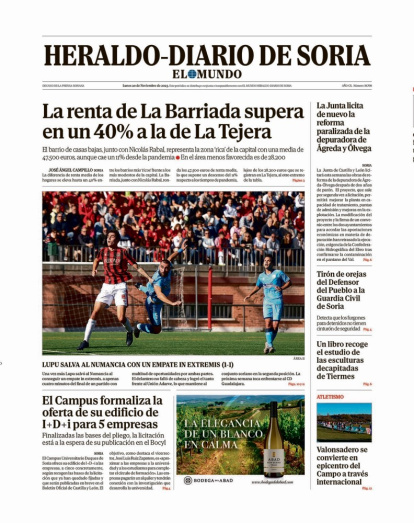 Portada de Heraldo-Diario de Soria de 20 de noviembre de 2023.
