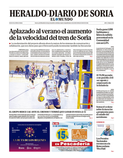 Portada de Heraldo-Diario de Soria de 14 de diciembre de 2023.