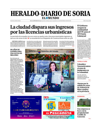 Portada de Heraldo Diario de Soria del 21 de diciembre de 2023.