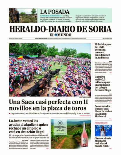 Portada de Heraldo-Diario de Soria del 28 de junio de 2024.