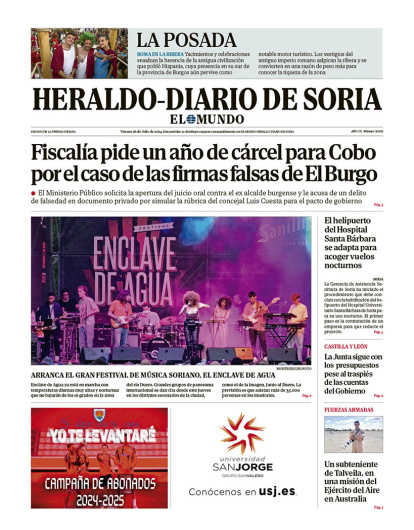 Portada de Heraldo Diario de Soria del 26 de julio de 2024.