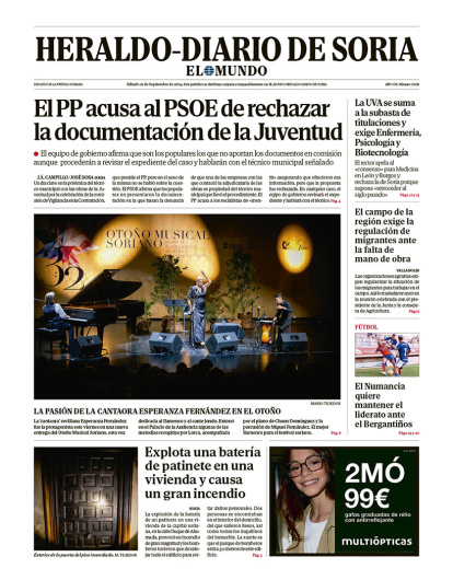 Portada de Heraldo Diario de Soria del 21 de septiembre de 2024