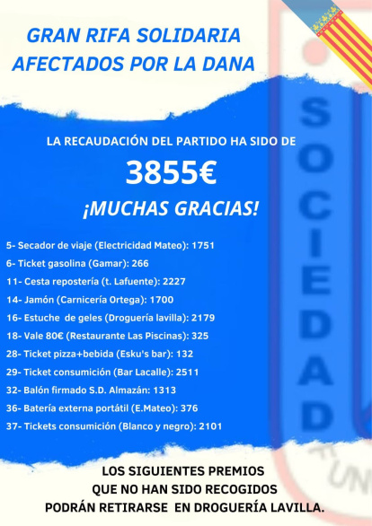 Recaudación obtenida por el Almazán con motivo de la iniciativa solidaria llevada a cabo para ayudar a los damnificados por la dana.