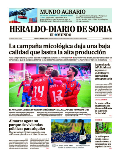 Portada de Heraldo Diario de Soria del 16 de diciembre de 2024.