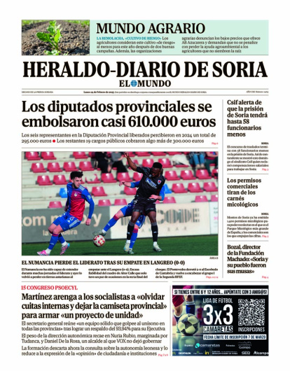Portada de Heraldo Diario de Soria del 24 de febrero de 2025.