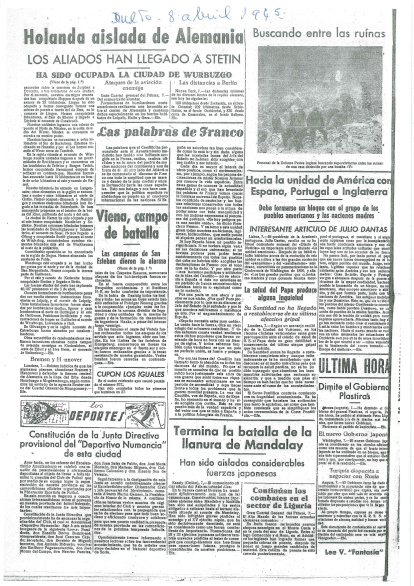 Periódico Duero del 8 de abril de 1945 que informa sobre la constitución del C.D. Numancia el 7 de abril del 1945.