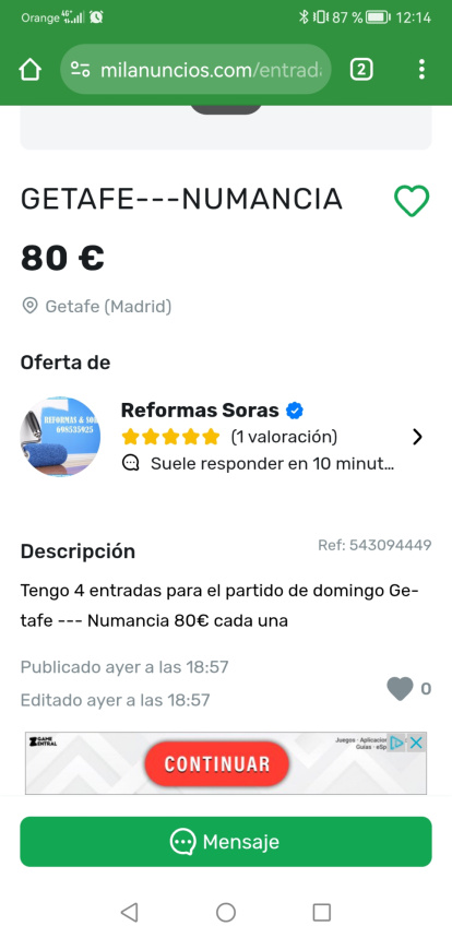 Captura de pantalla de la reventa de entradas para el domingo.