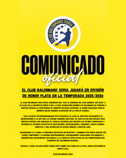 Comunicado del BM Soria en la que informa sobre la decisión de ascender de División de Honor Plata.