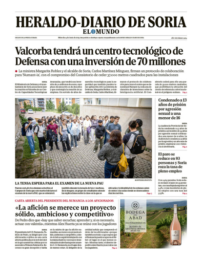 Portada de Heraldo Diario de Soria del 4 de junio de 2025
