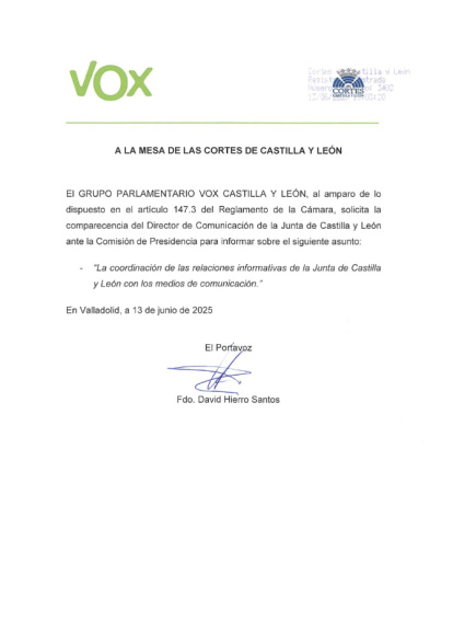 Escrito registrado por VOX en las Cortes a las 13.03 horas de este viernes.