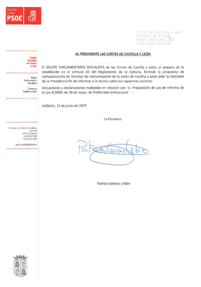 Petición del PSOE de petición de comparecencia, registrada a las 13.13 horas.