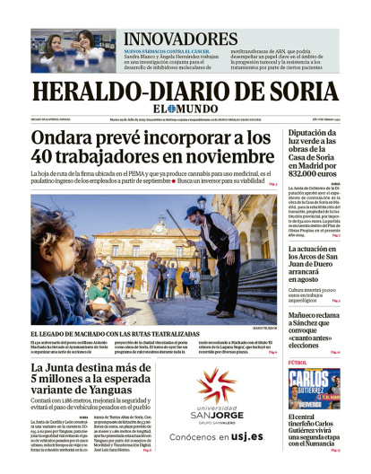 Portada de Heraldo-Diario de Soria de 29 de julio de 2025.