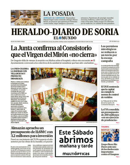 Portada de Heraldo-Diario de Soria del 19 de diciembre de 2025.