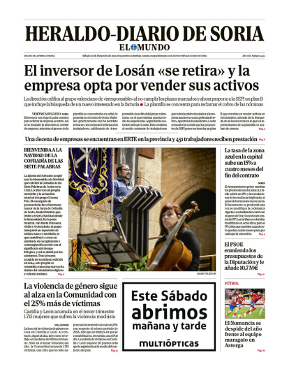 Portada de Heraldo-Diario de Soria del 20 de diciembre de 2025.