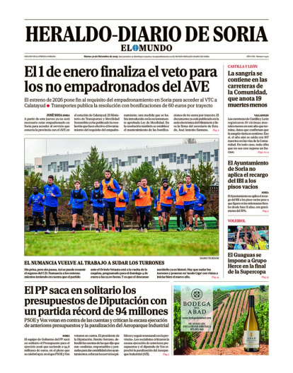 Portada de Heraldo-Diario de Soria de 30 de diciembre de 2025.