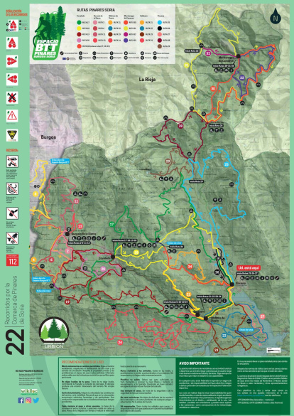 Mapa del Espacio BTT Pinares Burgos-Soria, una red de 34 rutas de ciclismo de montaña que conecta los pueblos y bosques de la comarca de Pinares con más de 650 kilómetros señalizados para todos los niveles