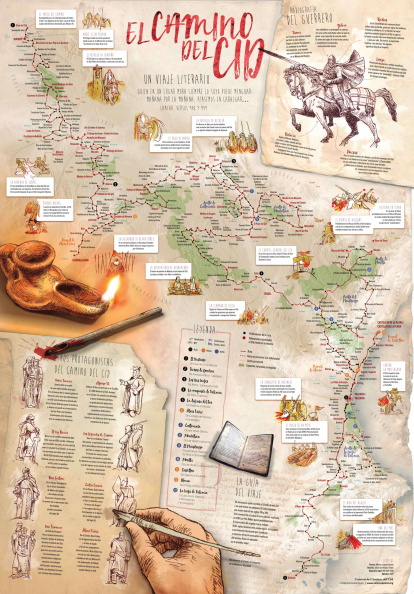 Mapa del Camino del Cid que muestra el recorrido histórico y literario desde Castilla hasta la Comunidad Valenciana, con las principales etapas y localidades del trayecto