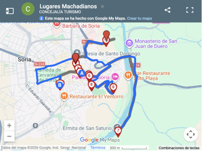 El mapa de los lugares machadianos en Soria muestra el recorrido completo por el centro histórico y la ribera del Duero siguiendo los pasos de Antonio Machado
