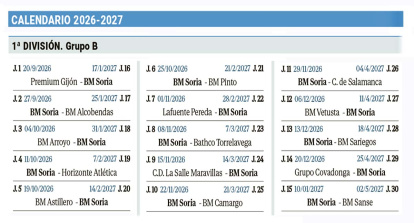 Calendario del BM Soria para la temporada 26-27.